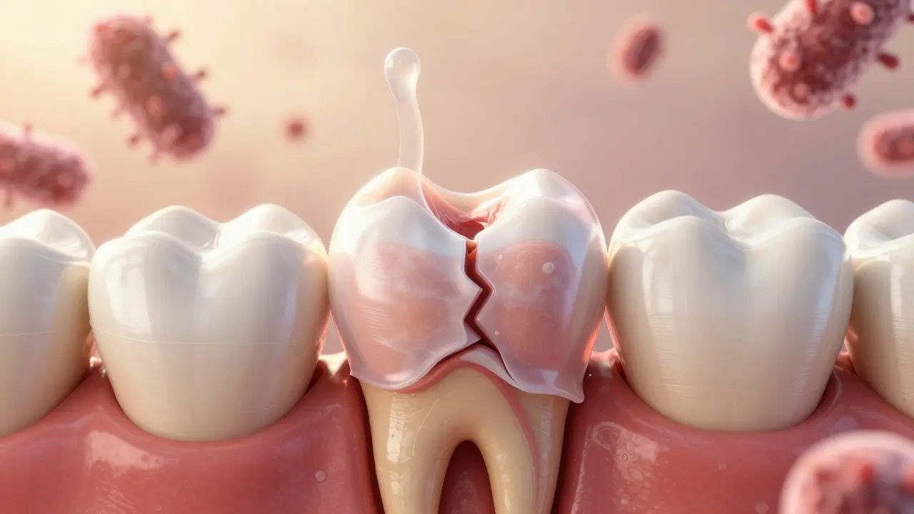 Zub s překrytým krčkem novou tkání, symbolizující chirurgické zákroky.