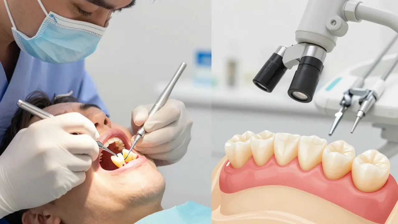 Zubař aplikuje kompozitní výplň na přední zub, vedle něj je porcelánová korunka.