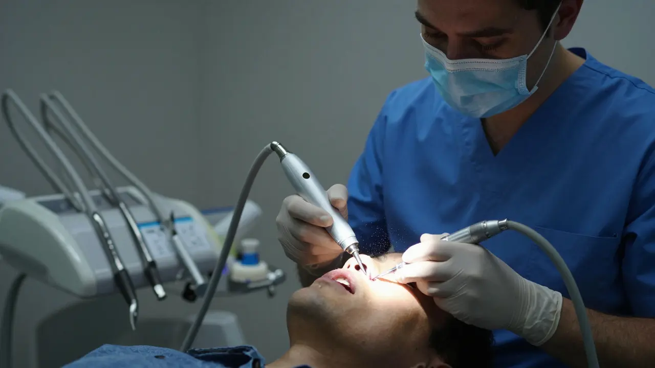 Zubní hygienistka odstraňuje kámen pod dásní ultrazvukovým přístrojem v klinice.