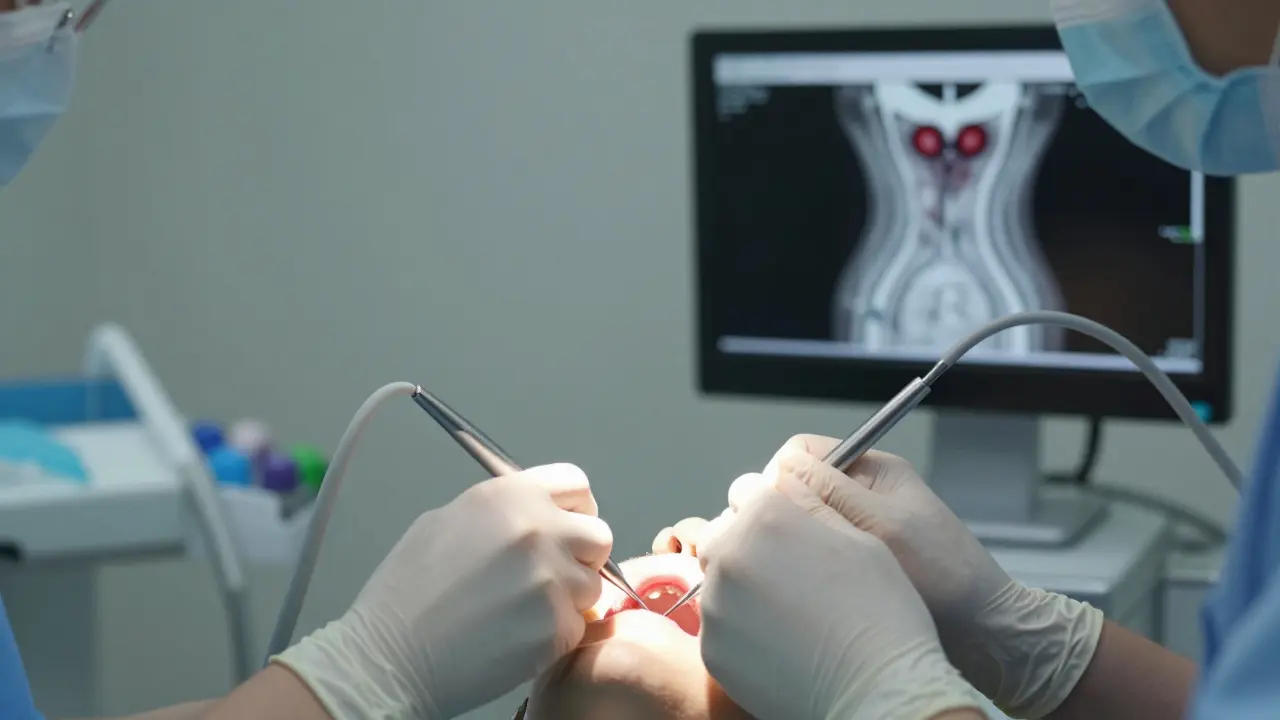 Zubní lékař provádí léčbu kanálu, zaměřený na zub s infekcí.