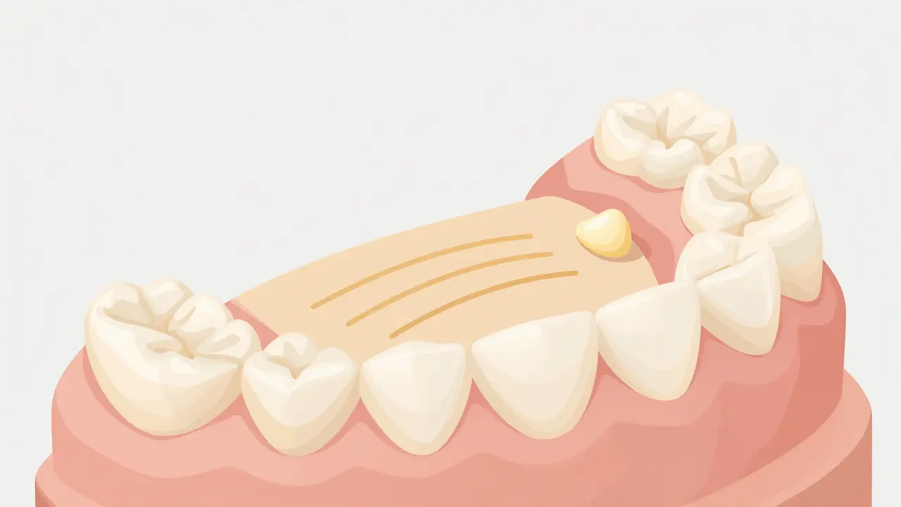 Zubní protéza s třemi tenkými čarami lepidla na vnitřní straně.