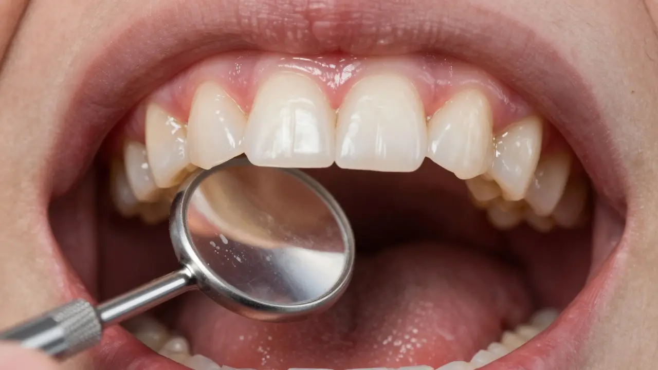 Blízký pohled na dentální zrcátko ukazující plak a první známky demineralizace na zubech.