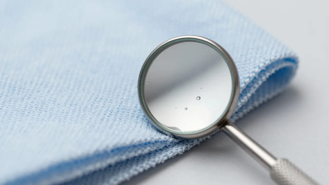 Čištění dentálního zrcátka měkkým hadříkem a dezinfekčním roztokem