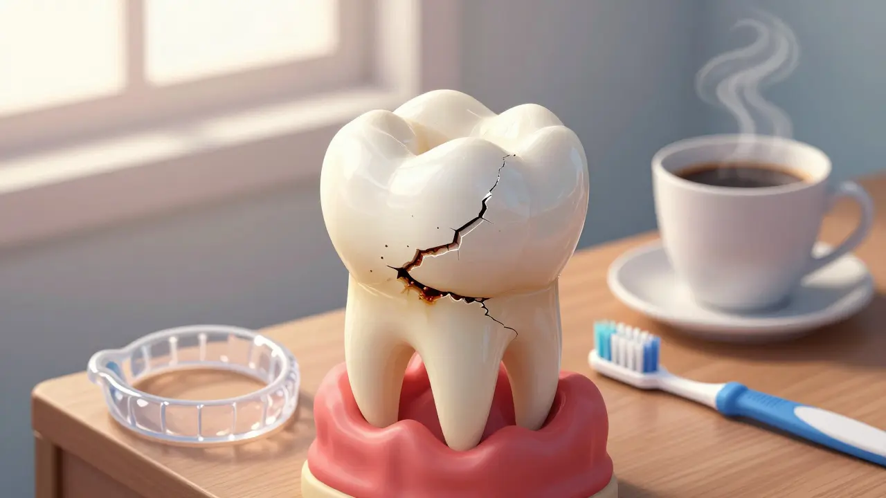 Cracked white filling with stains and bacteria near the edge, next to a night guard and coffee cup.