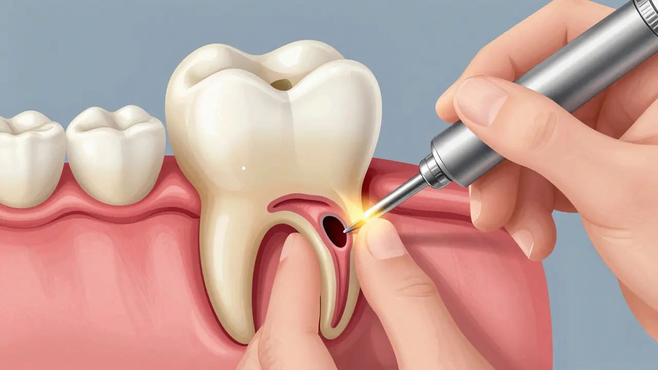 Cross-section of a tooth showing cavity progression and composite repair.