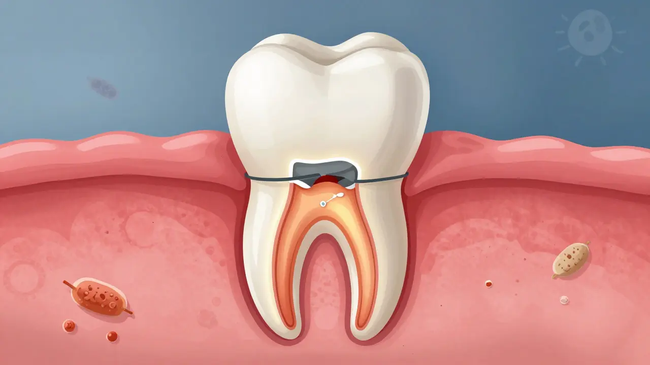 Cross-section of a tooth with temporary filling protecting infected pulp.