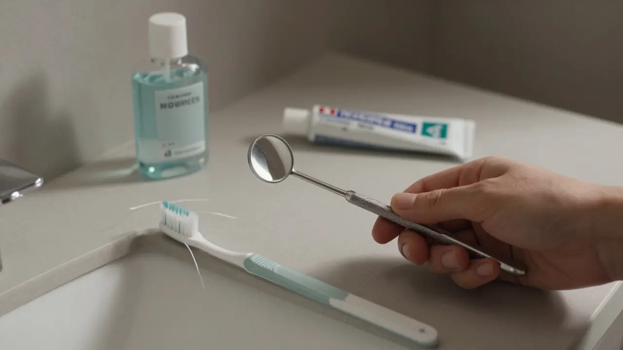 Dentální zrcátko, kartáček a nit leží na koupelnové desce jako součást denní hygieny.