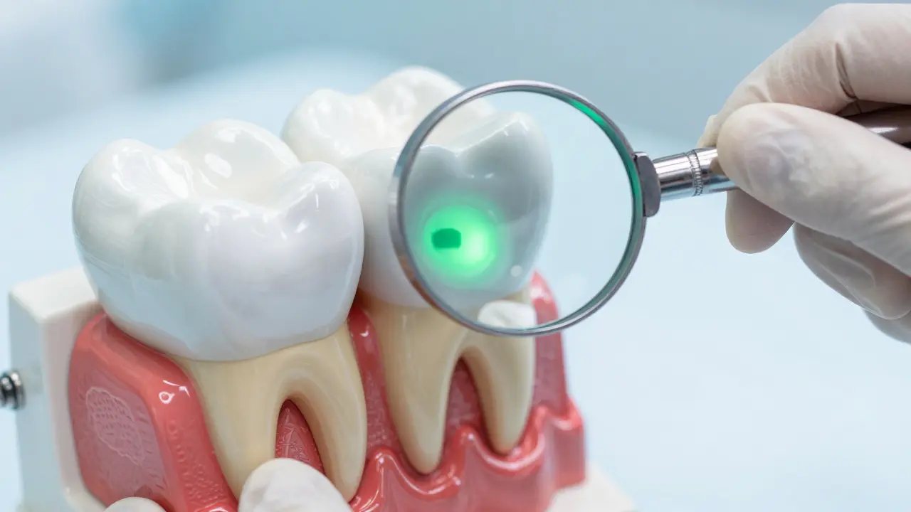 Dentista zkoumá zubní model s bezpečnou koncentrací