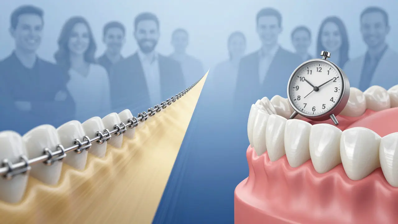 Dvě cesty k opravě křivých zubů: drátky s roky čekání a fazety s rychlým výsledkem.