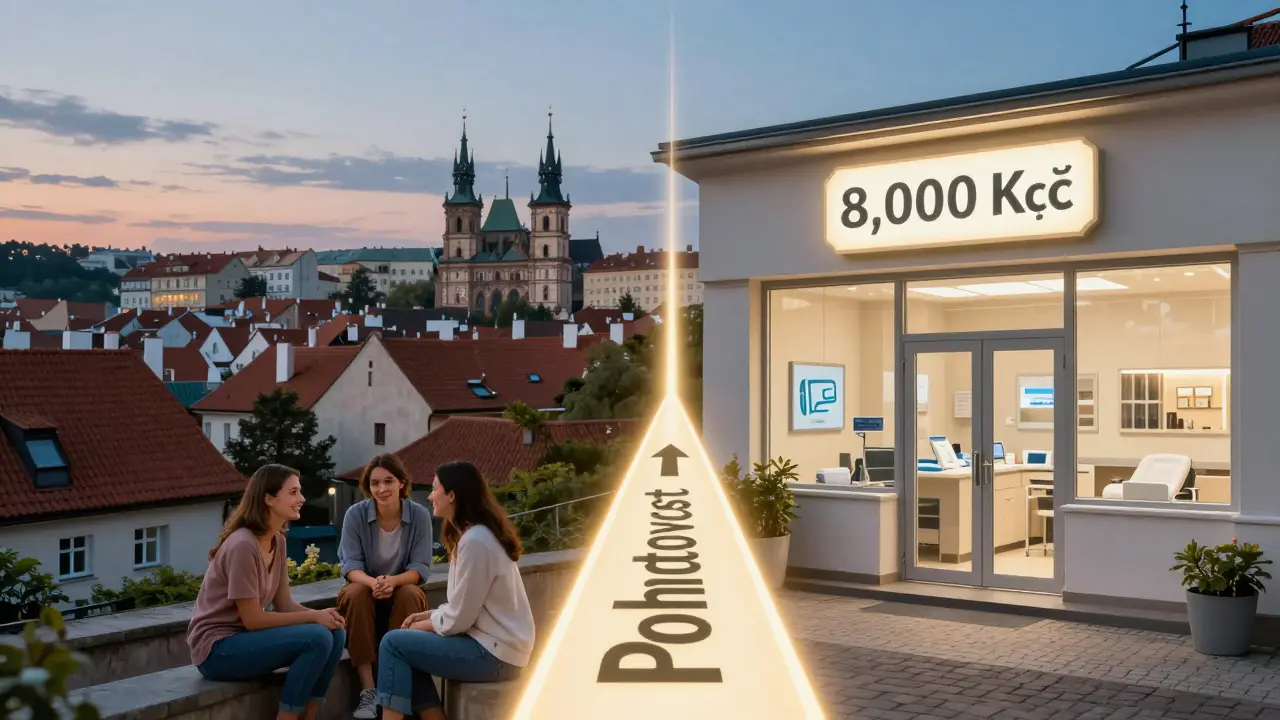 Dvě zubní ordinace v Praze: jedna v předměstí s nízkými cenami, druhá v centru s vysokými cenami.