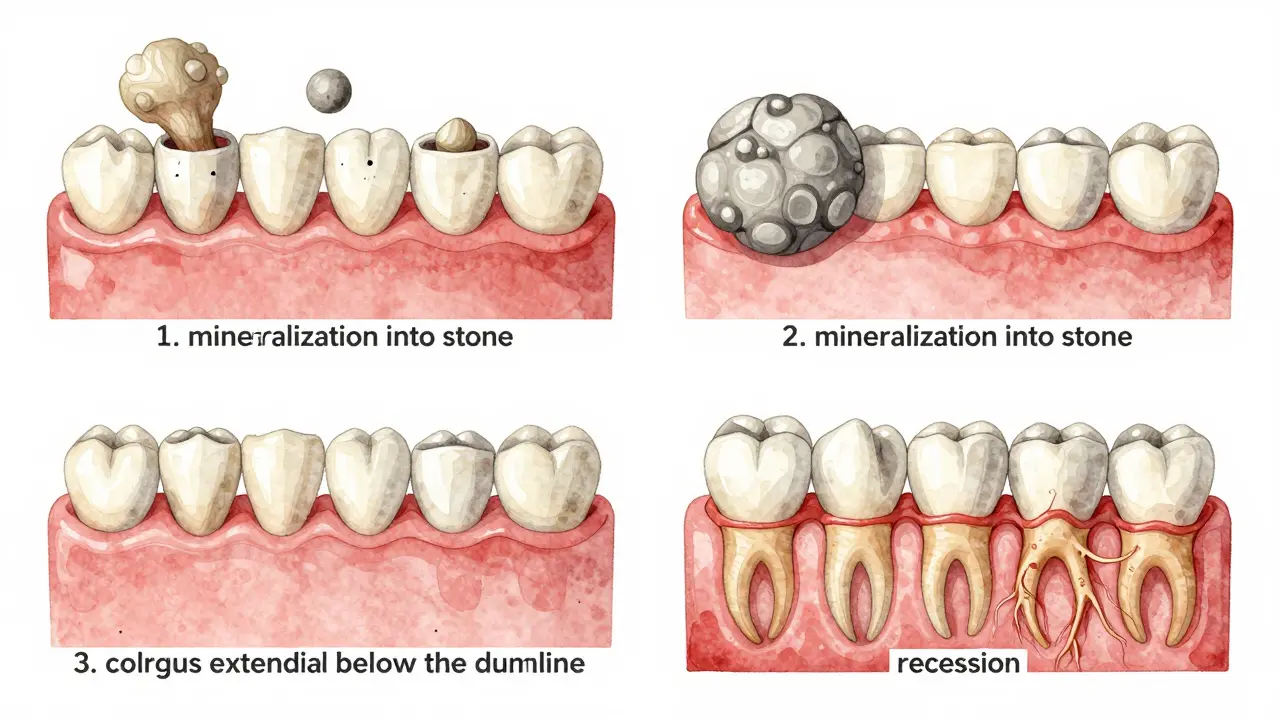 Ilustrace kroků v tvorbě zubního kamene pod dásní: plak, vápencování, proniknutí pod dásňovou hranici a odtékání dásní.