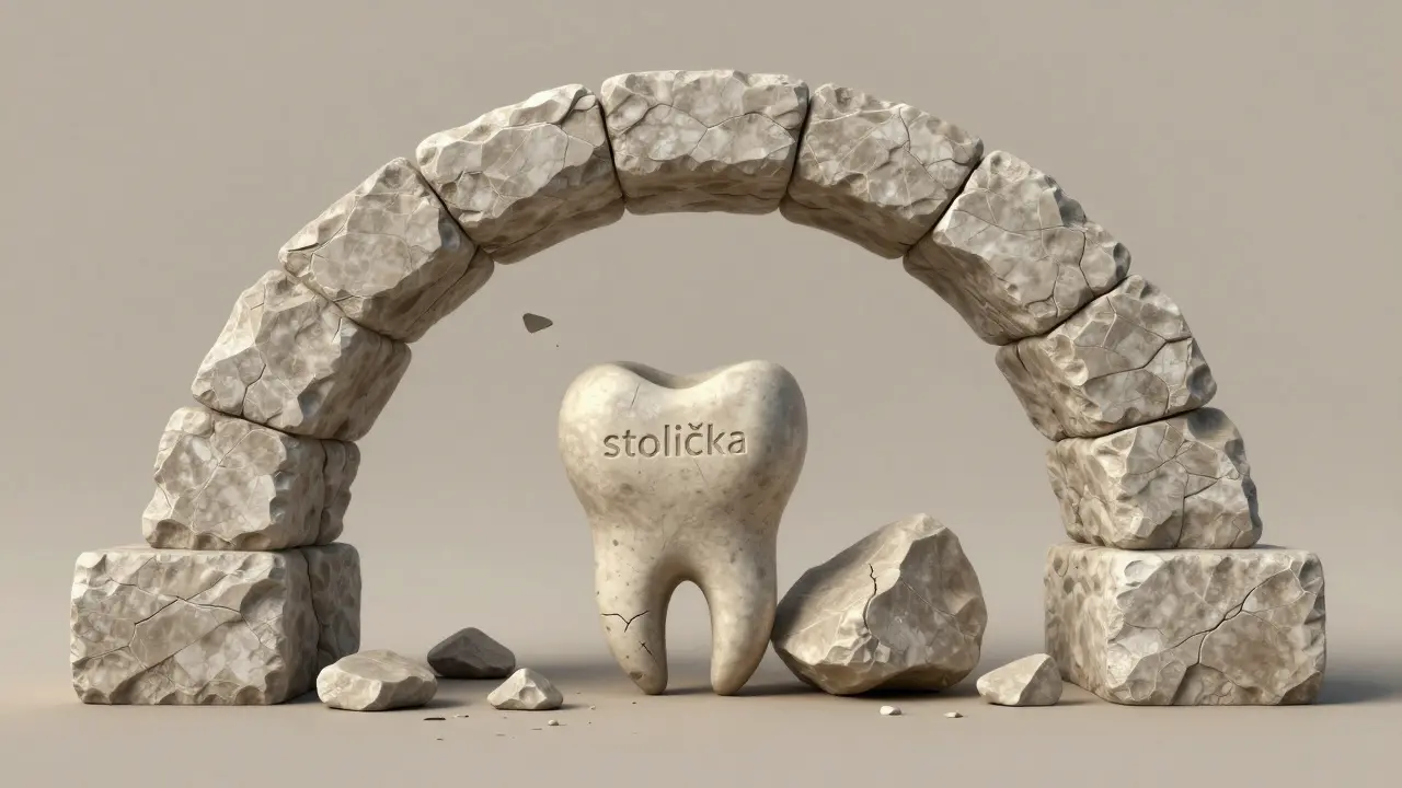 Kamenitý arch s chybějícím kamenem, který způsobuje zhroutení celé struktury.