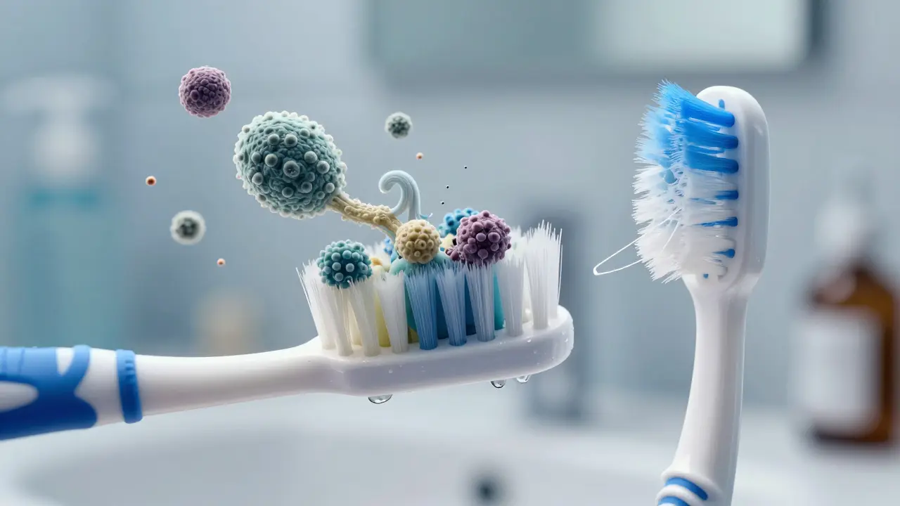 Mikroskopický pohled na bakterie na opotřebovaných štětinách sonického kartáčku Curaprox, kontrastující s novými štětinami.