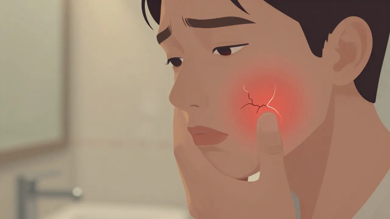 Osoba držící tvář po zjištění prasklého zubu, s viditelnou prasklinou uvnitř