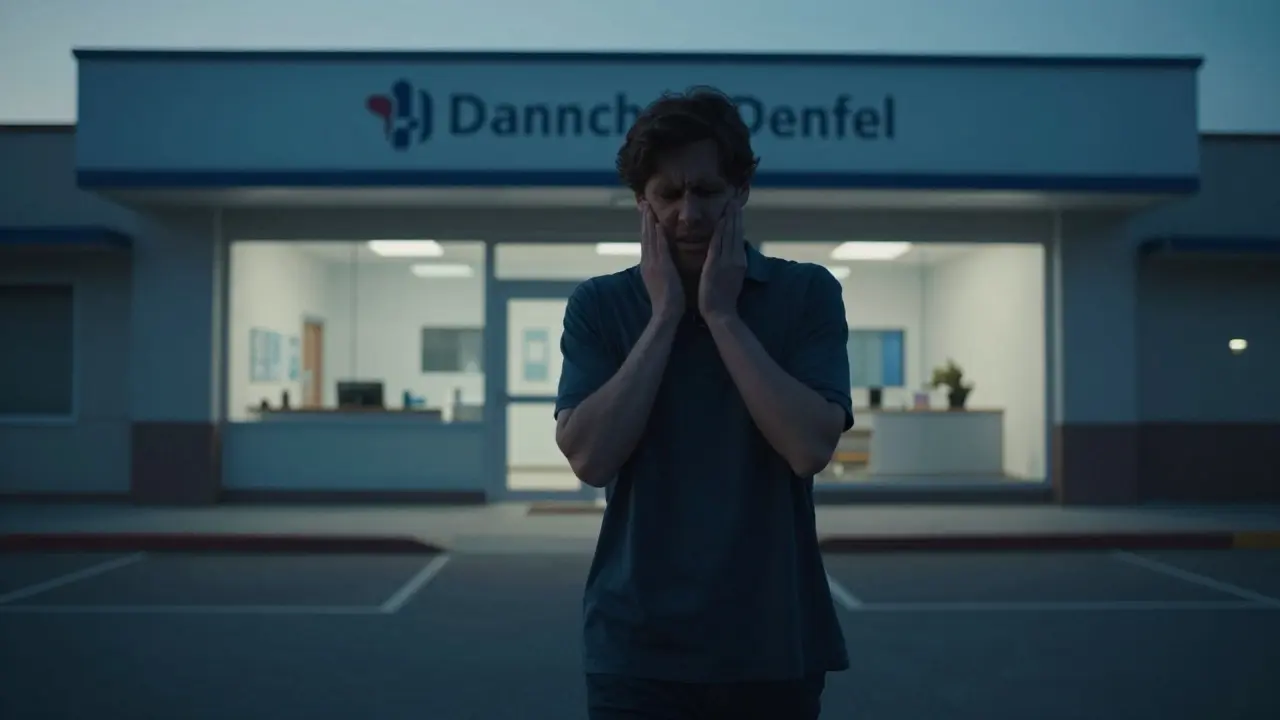 Osoba jde k zubnímu lékaři večerem.