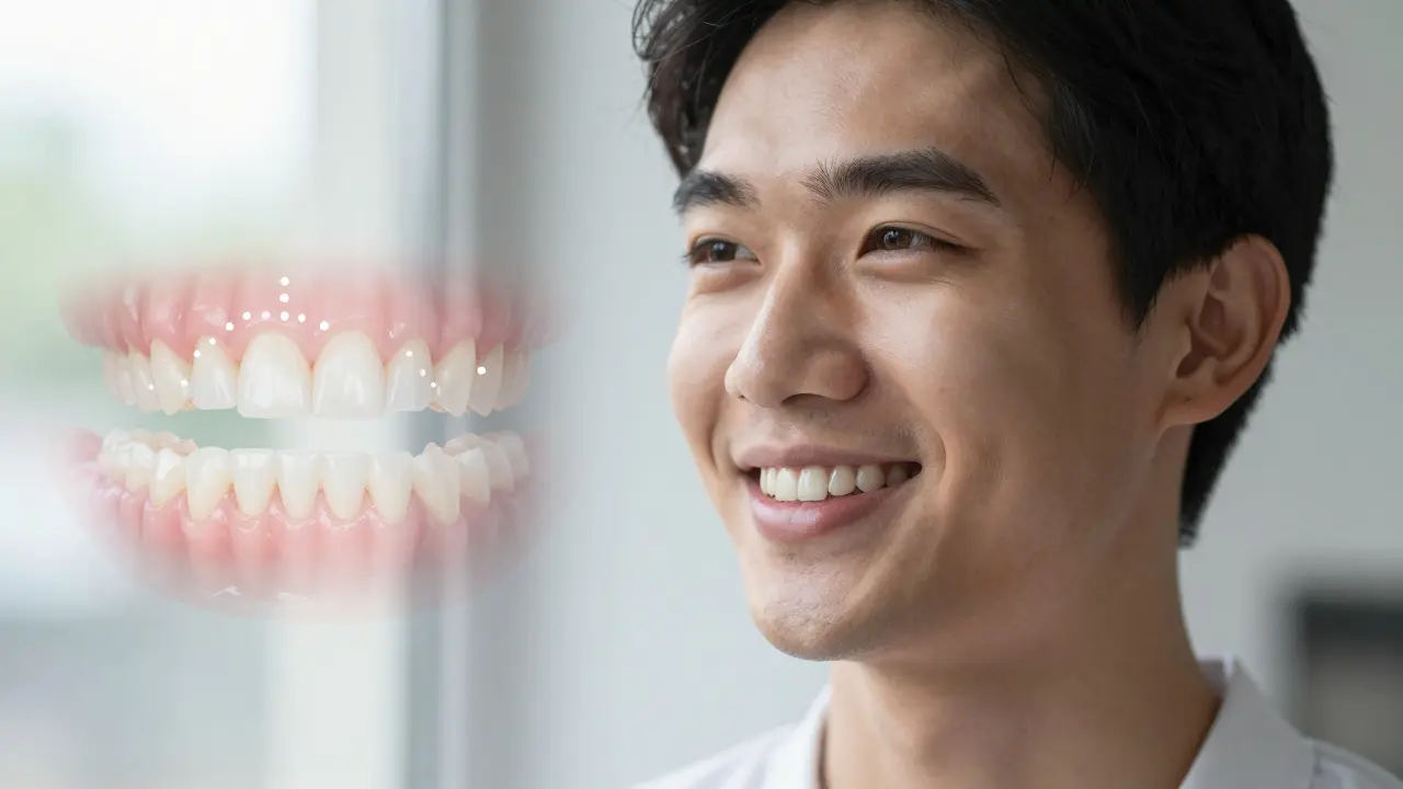 Patient smiling with straight teeth, no braces, symbolizing natural dental regeneration.