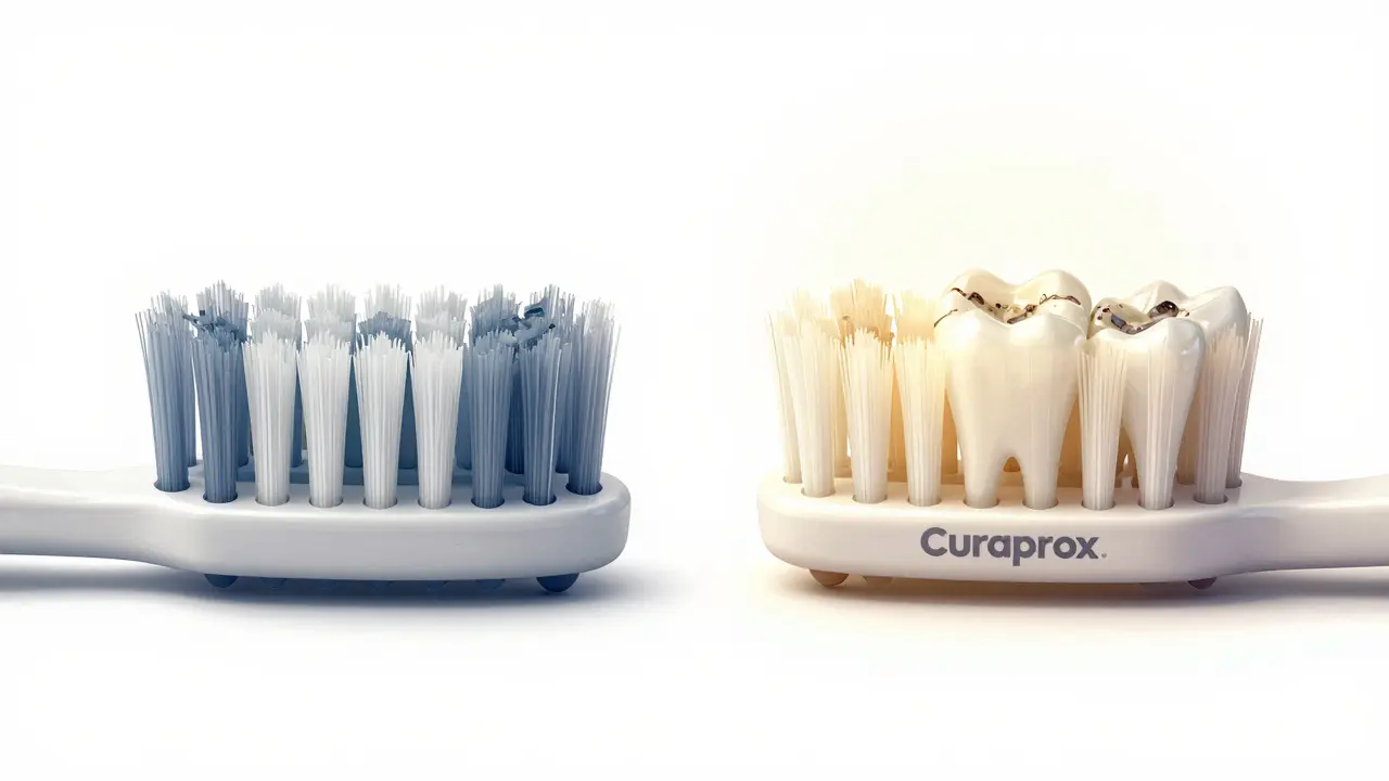 Porovnání běžného a Curaprox kartáčku: jeden s ohnutými štětinami, druhý s hustými, přímo stojícími štětinami čistícími zuby.