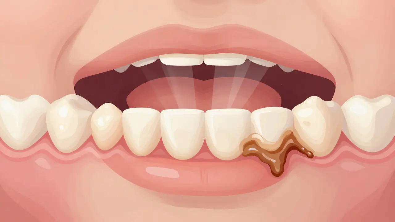 Přehledný náčrt vnitřní struktury dětského zubu s vrstvami plaku a zubního kamene na dásni.