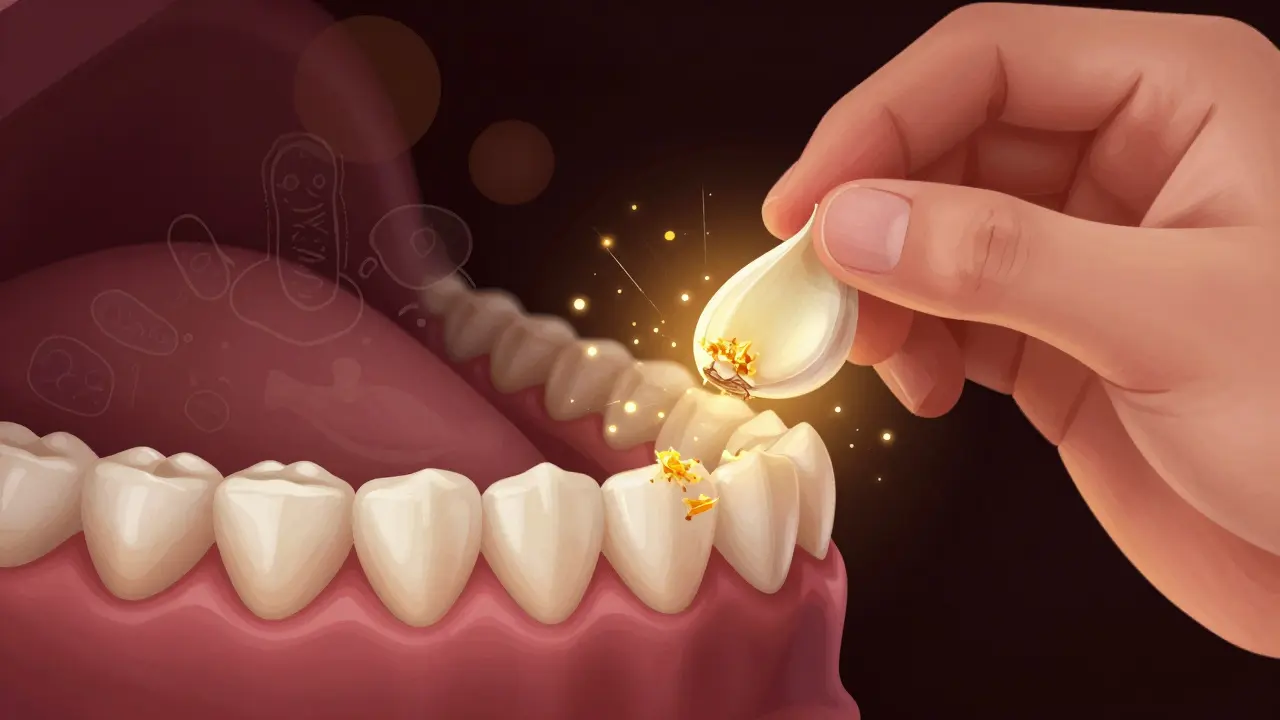 Přiložený česnek na zub s viditelnými bioaktivními částicemi, které bojují proti bakteriím v dásni.