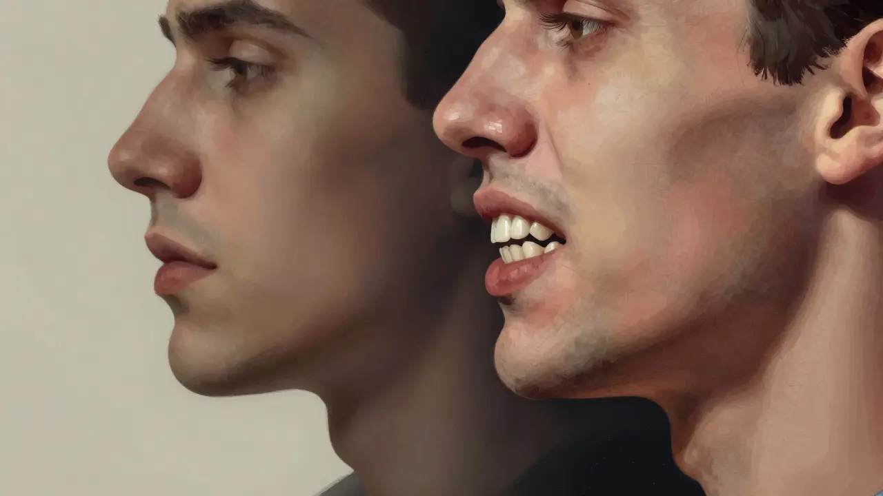 Profily obličeje: jedna strana s normálním předkusem, druhá s vysunutými horními zuby a blokovaným dýcháním.