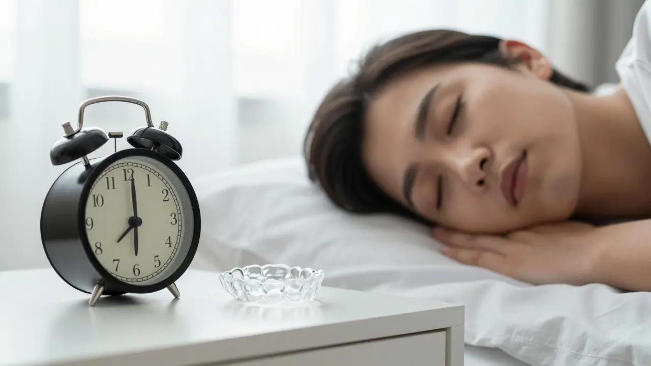 Průhledný ortodontický plátek na nočním stolku vedle spící osoby v klidném prostředí.