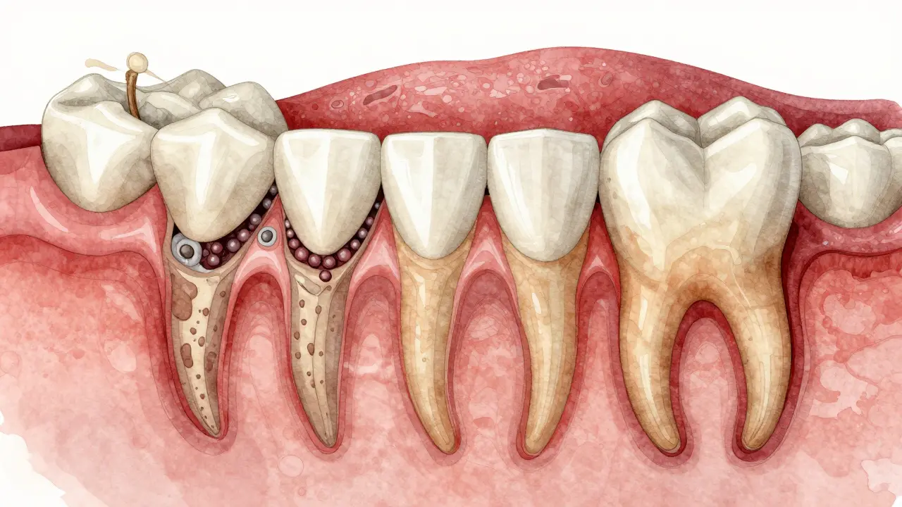 Průřez zubem s odstupujícími dásněmi a zubním kamenem pod dásní.