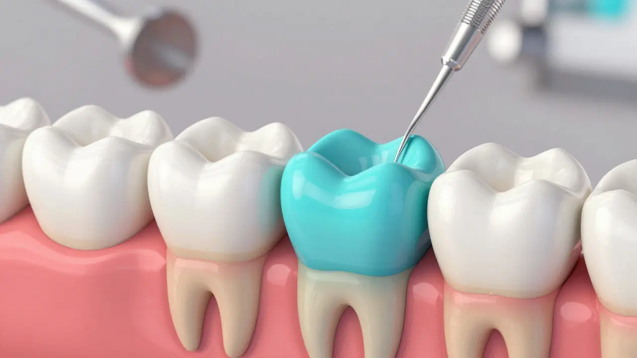 Řez zubem s ochrannou vrstvou aminofluoridu v emalí, vysvětlení prevence kazu.