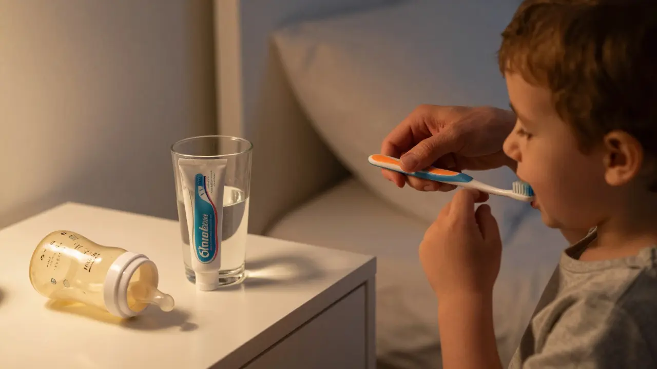 Rodič čistí zuby malému dítěti ve večerní atmosféře, vedle leží prázdná láhev.