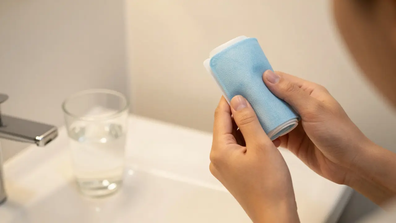 Ruce drží studenou kompresi na tváři, sklenice solného roztoku v pozadí.