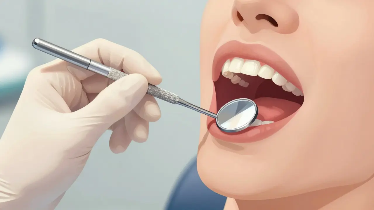 Ruka drží zrcátko jako tužku s oporou na čelisti