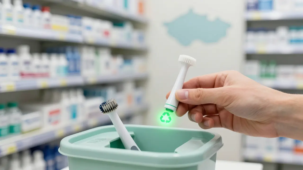 Ruka ukládá starou štětinu do recyklačního kontejneru v lékárně, nová štětina je vidět v pozadí s recyklačním symbolem.