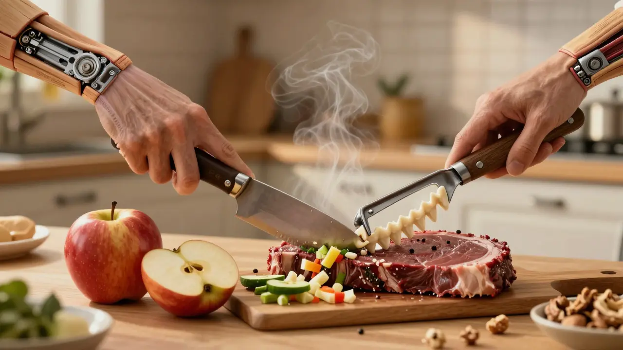 Surreální scéna, kde zuby fungují jako kuchyňské nástroje při zpracování potravy.