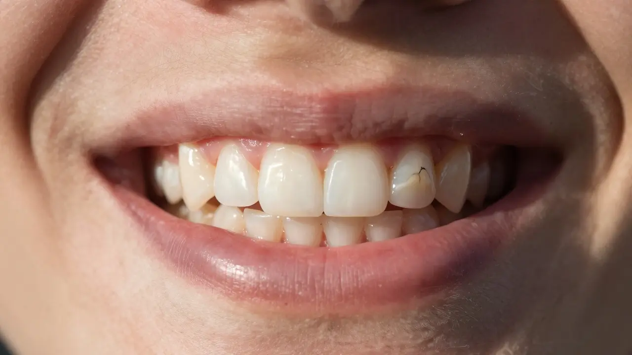 Three teeth showing progression from intact filling to stained crack to ceramic inlay replacement.