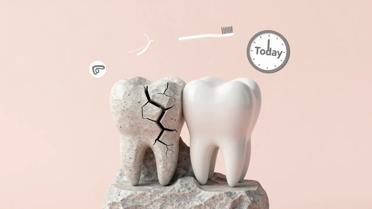 Tooth being restored with composite material, symbols of oral hygiene floating nearby.