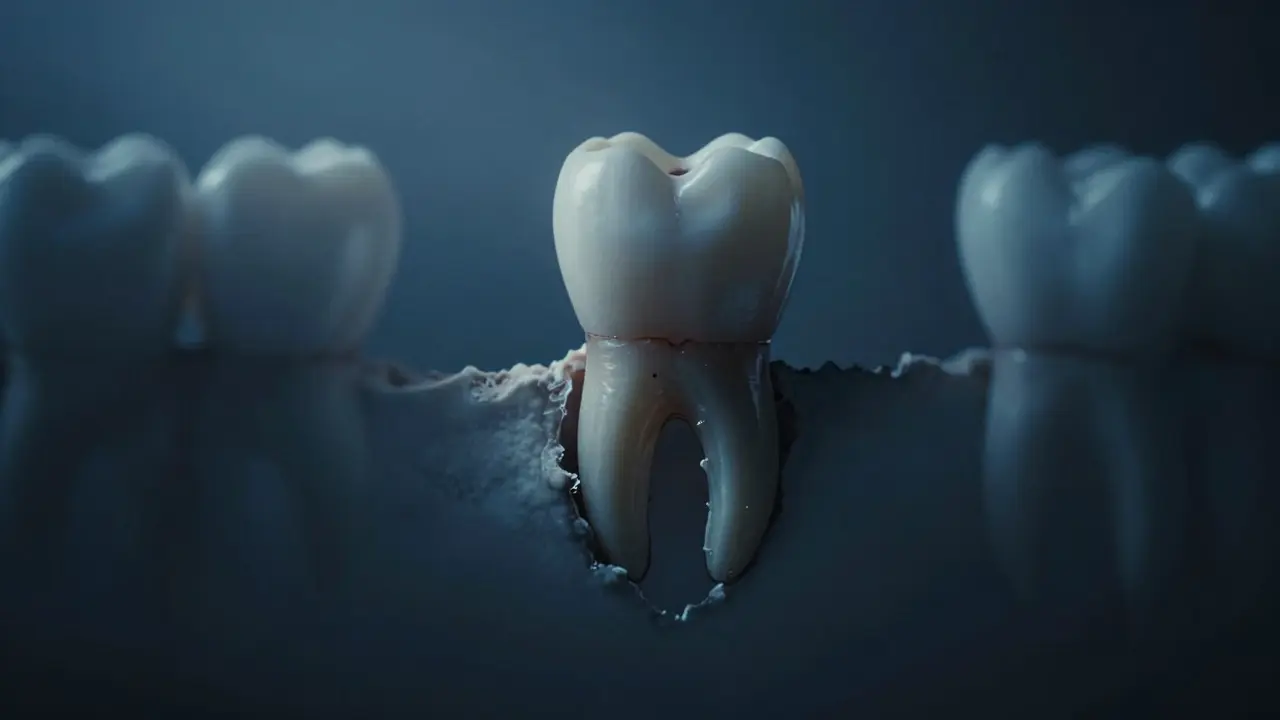 Uvolněný zub s poškozenou kostí kolem něj, v pozadí zdravé zuby.