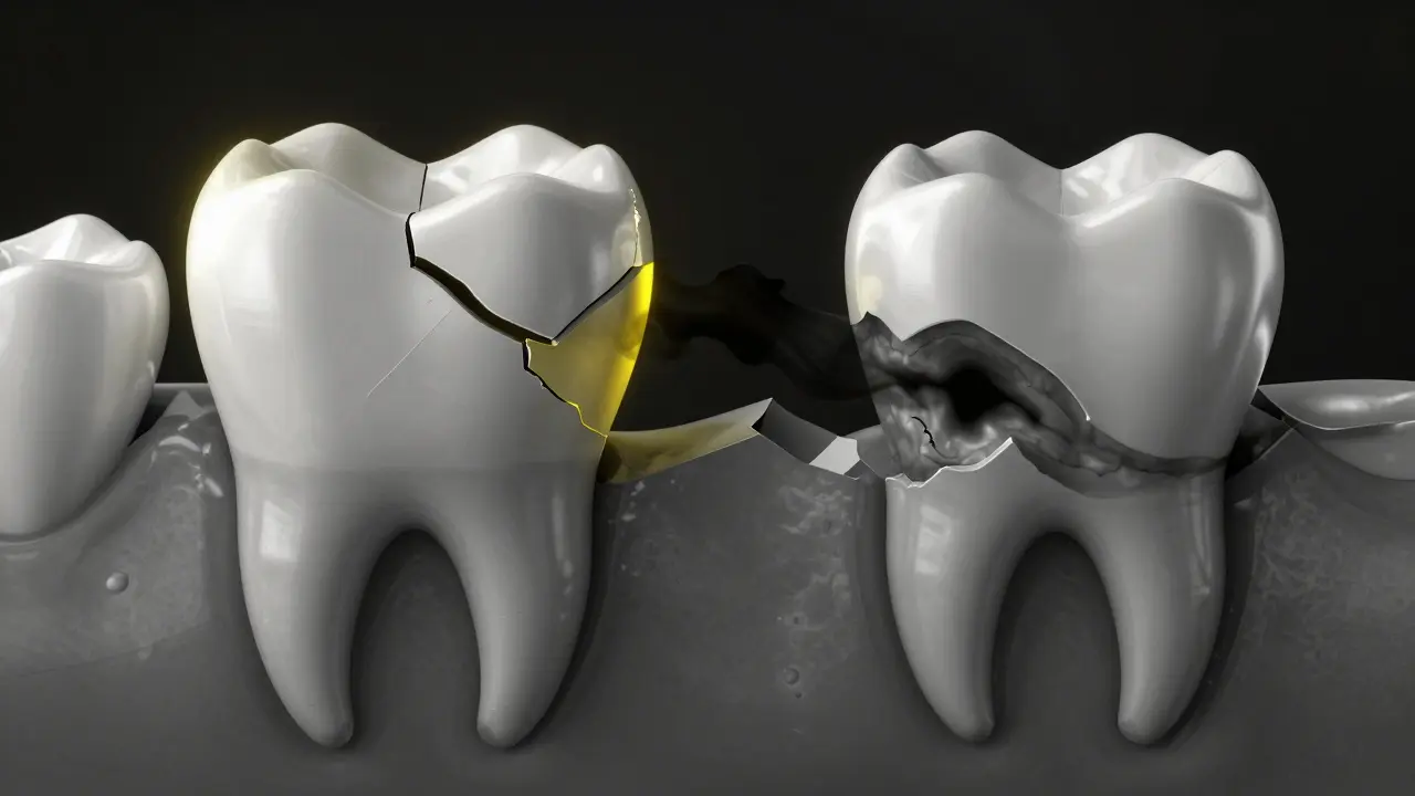 Vývoj praskliny v zubu od malého poškození až k úplnému rozpadu
