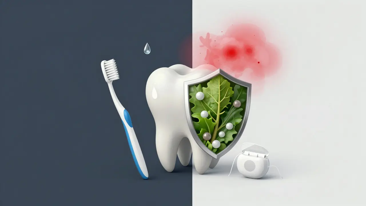 Zdravý zub chráněný zubní kartáčkem, nití a vodou, zatímco infekce postupně mizí v pozadí.