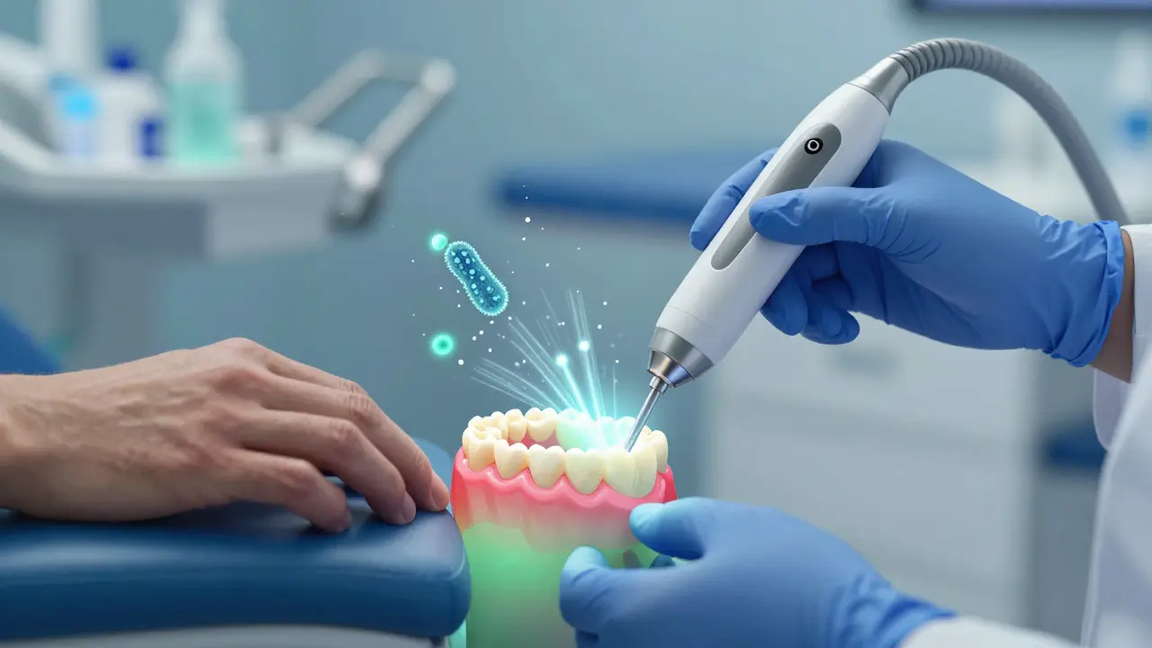 Zubní hygienista odstraňuje kámen pod dásní ultrazvukovým nástrojem, s viditelnými částicemi bakterií a vodním proudem.