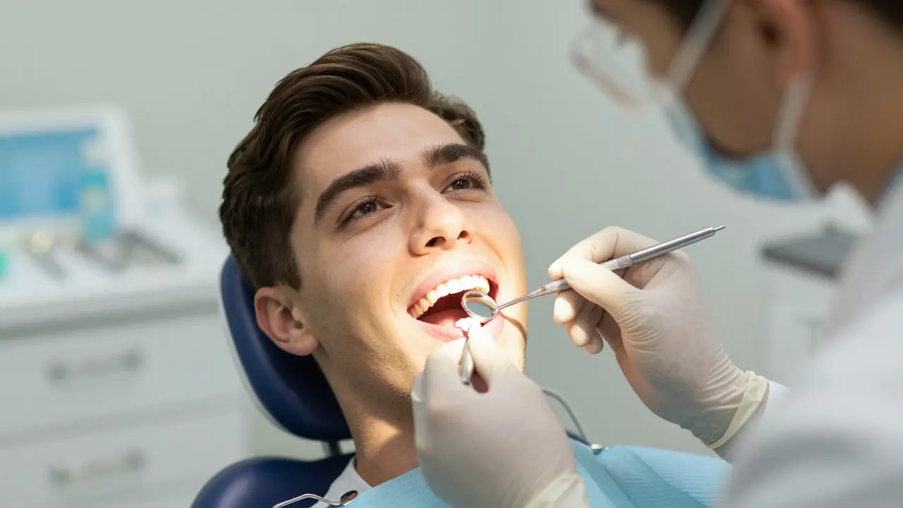 Zubní lékař aplikuje fluoridový lak na zuby dospělého pacienta.