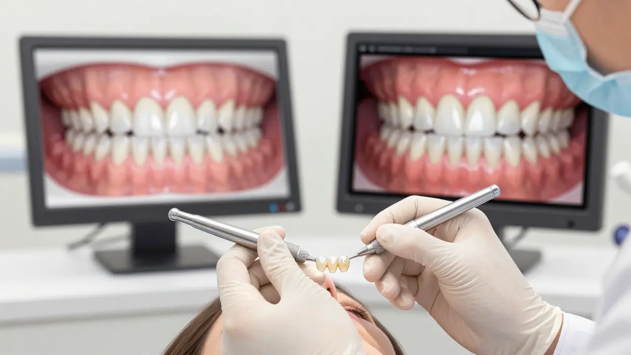 Zubní lékař připravuje keramické fazety na předních zubech pacienta s pomocí digitálního modelu.