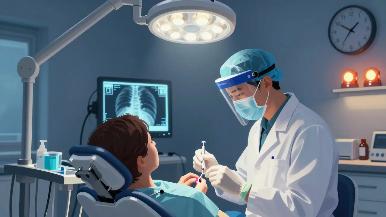 Zubní lékař provádí pohotovostní zákrok na pacientovi v noci v ordinaci.