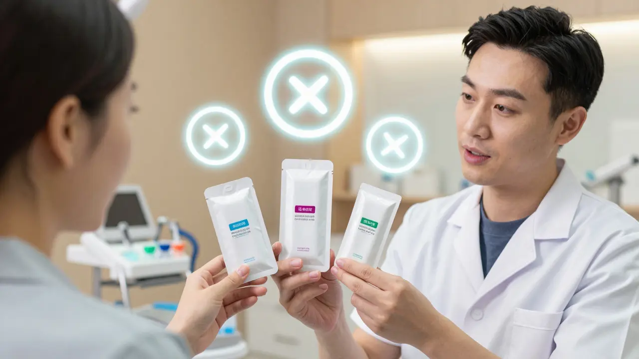 Zubní lékař vysvětluje různé typy sad pacientovi