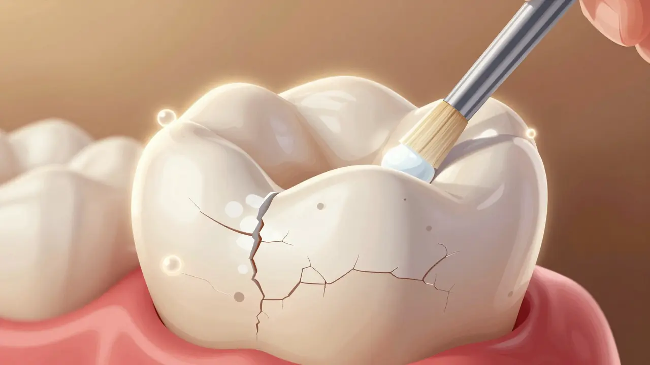 Zvětšený řez zubem s poškozenou sklovinou a ionty, které obnovují strukturu.