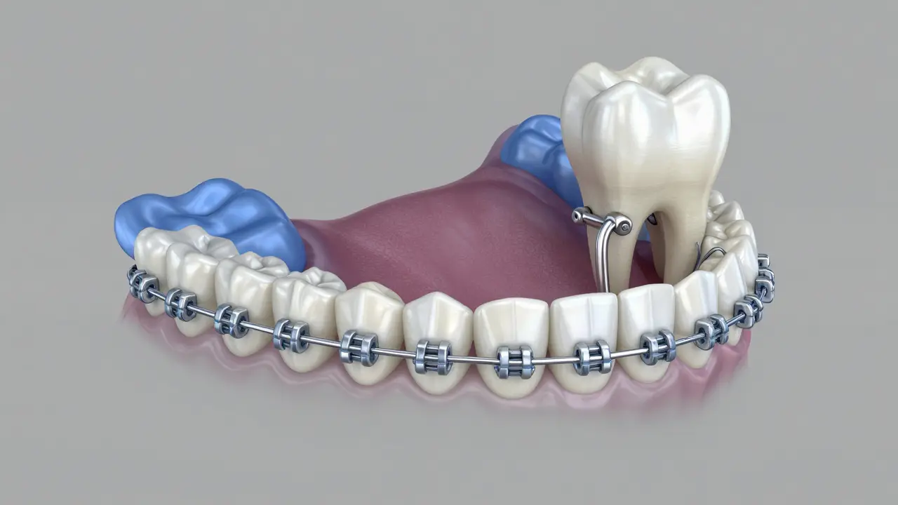 3D model zobrazující tlak zubu moudrosti na rovnátka.