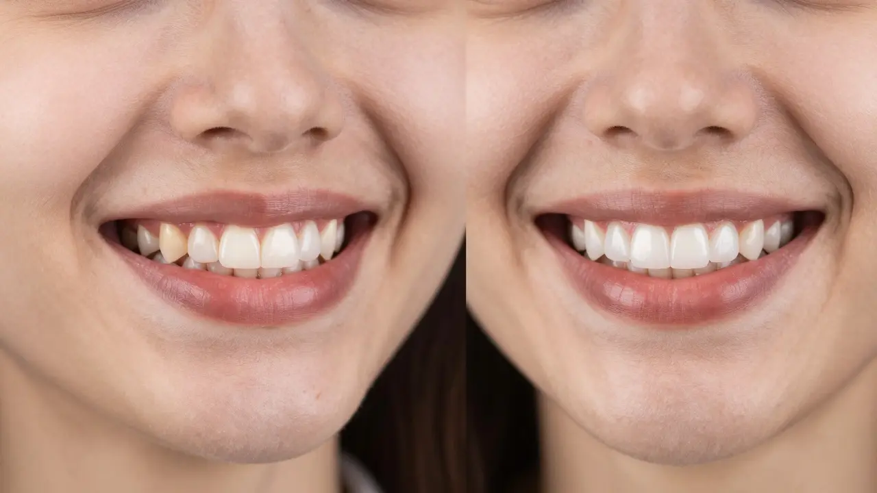 Before and after smile transformation with composite veneers.