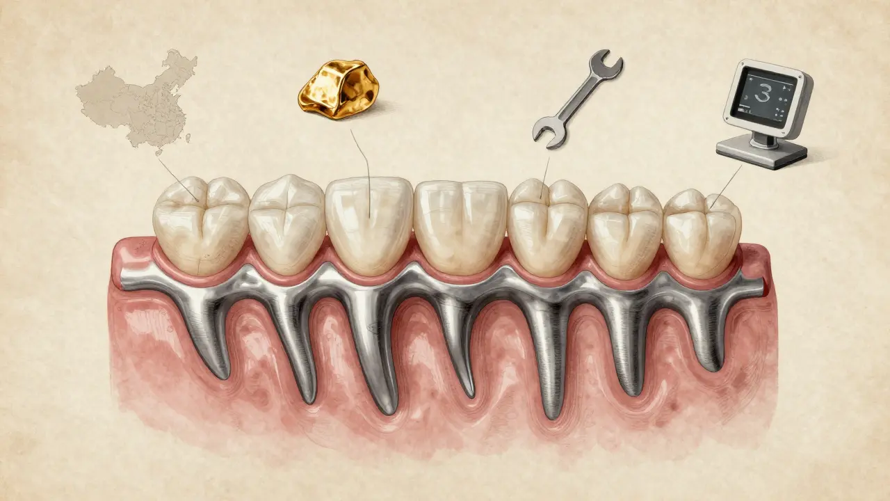 Cross-section diagram of metaloceramic crown with layered materials and price factors.