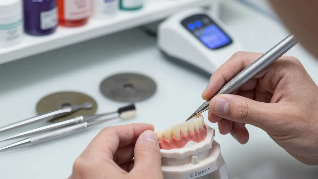 Dental technician polishing composite veneers on a model with premium materials.