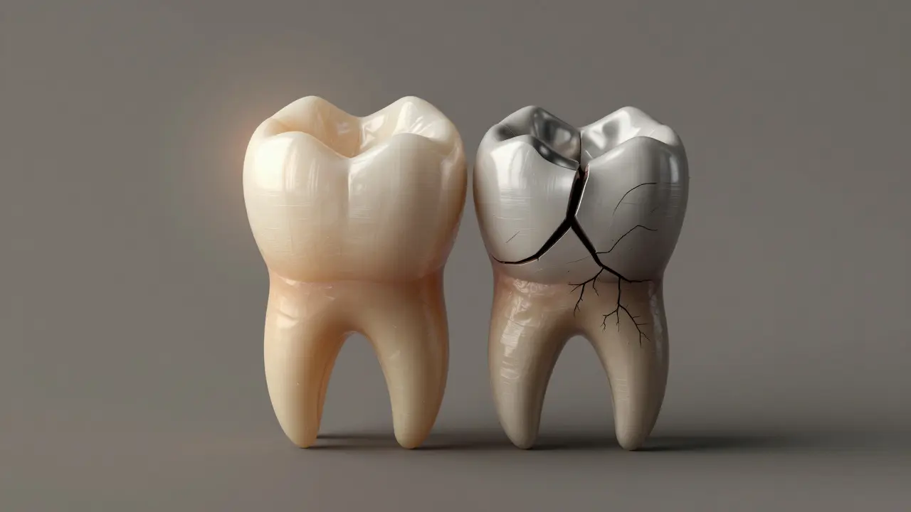 Healthy tooth with crown versus decaying tooth without crown, side by side.