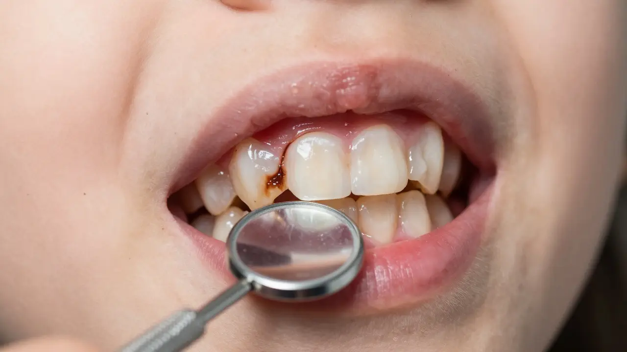 Hnědá skvrna na moláru dítěte, známka pokročilého zubního kazu.