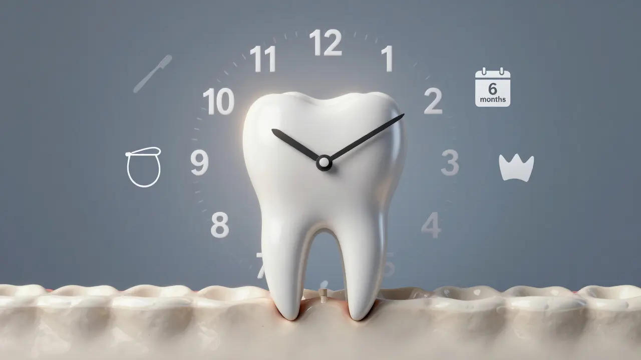 Hodiny ve tvaru zubu s roky, symbolizující životnost zubu po kořenové léčbě.